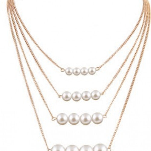 Alloy Plated Gold Big White Pearl Neckalce - Multilayer Link Chain NecklaceAlloy Plated Gold Big White Pearl Neckalce - Multilayer Link Chain Necklace