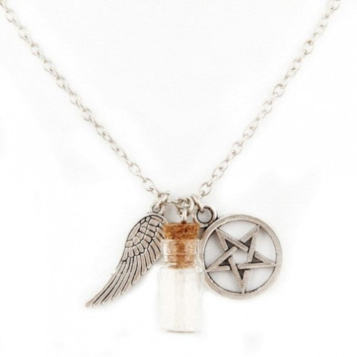 Pentagram and Salt Bottle Pendant necklace, Antique Silver tone supernatural protection necklace angel wing